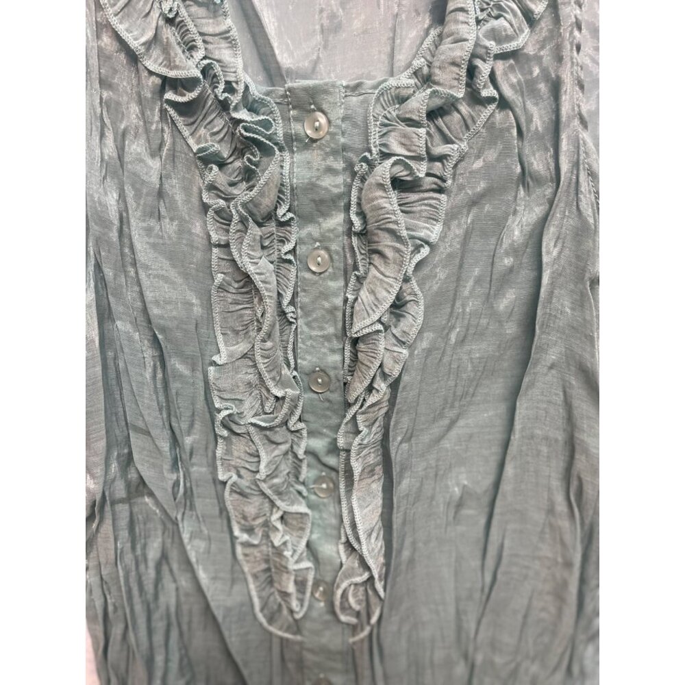 Poetry Clothing Blouse Aqua Blue Ruffle Front Sleeveless Size Medium - Picture 2 of 9